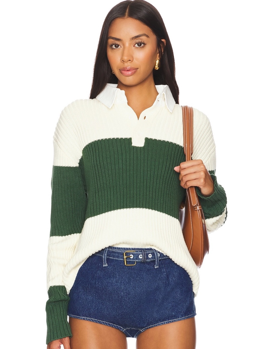 Lioness Green and Cream Striped Ribbed Polo Sweater